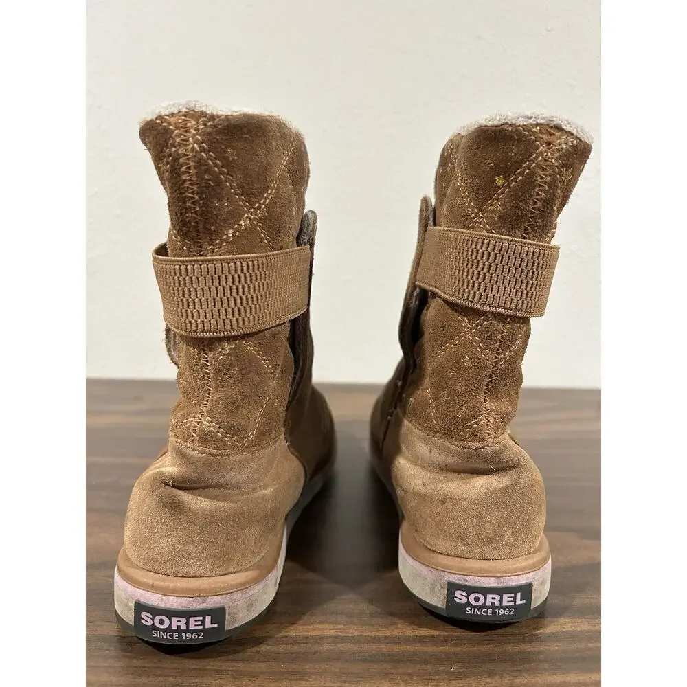 Sorel Rylee Boots Girls Sz 3‎ Waterproof Winter Suede Fleece Slip-on Brown Gold